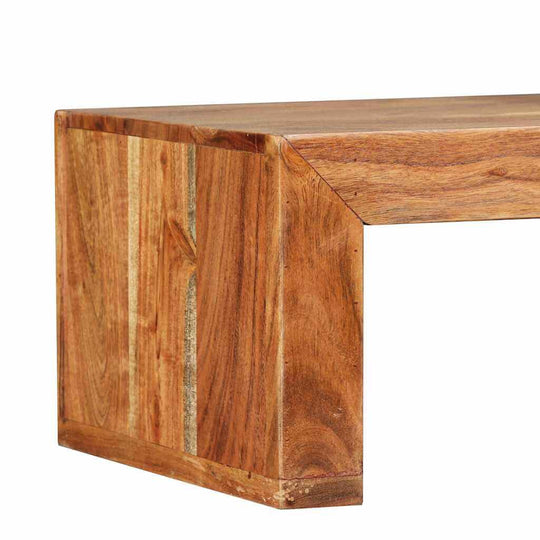 Solid acacia wood TV stand showing unique corner design and vintage charm for versatile home furniture solutions.