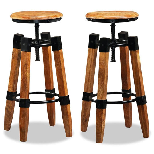 Set of 2 height-adjustable solid mango wood bar stools with industrial design, perfect for home or commercial use.