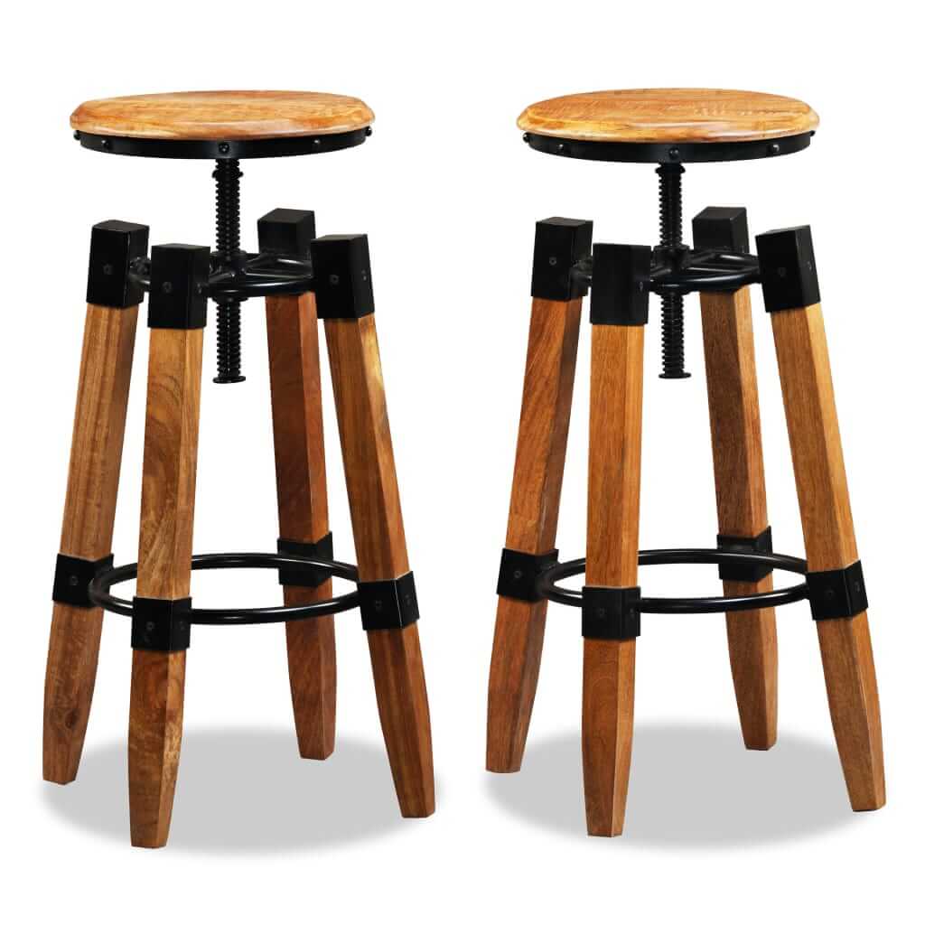 Set of 2 height-adjustable bar stools made of solid mango wood with industrial design, perfect for dining and lounge areas.