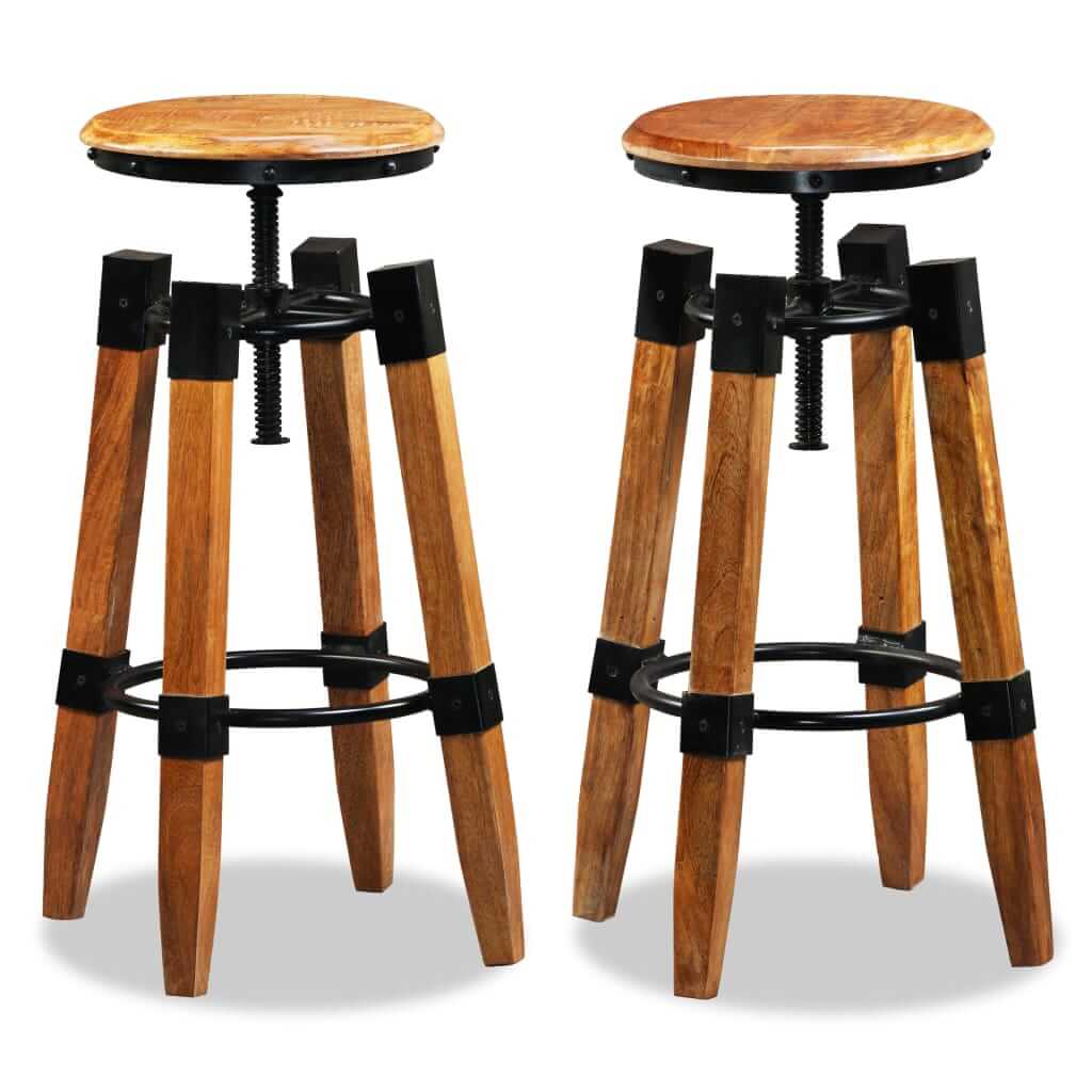 Bar stools made of solid mango wood with adjustable height and industrial design for stylish indoor or outdoor furniture.