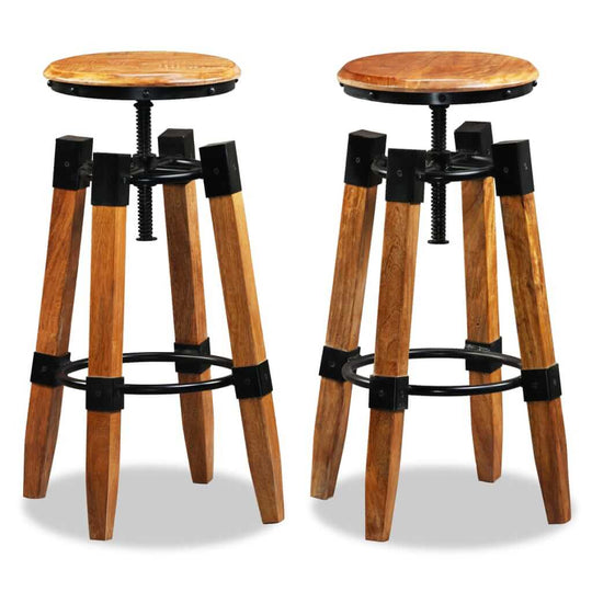 Bar stools made of solid mango wood with adjustable height and industrial design for stylish indoor or outdoor furniture.