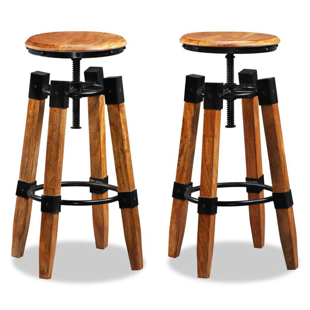 Set of 2 height-adjustable bar stools made from solid mango wood, featuring a unique industrial design and rustic charm.