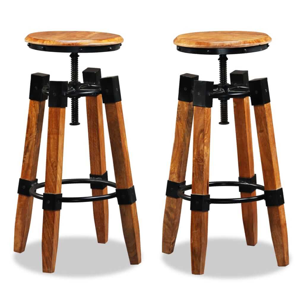 Height-adjustable bar stools made of solid mango wood with unique design, perfect for industrial decor in homes or businesses.