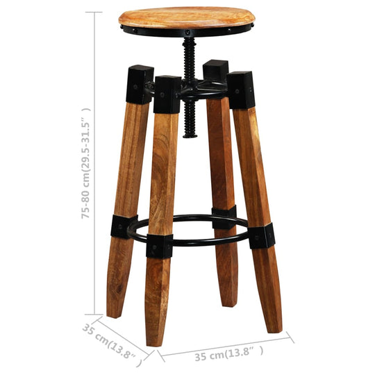 Solid mango wood bar stool with height adjustment, showcasing industrial style and rustic charm for versatile décor.