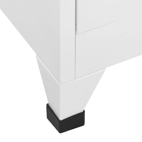 Close-up of white locker cabinet leg with a black base, showcasing its modern design and sturdy construction.