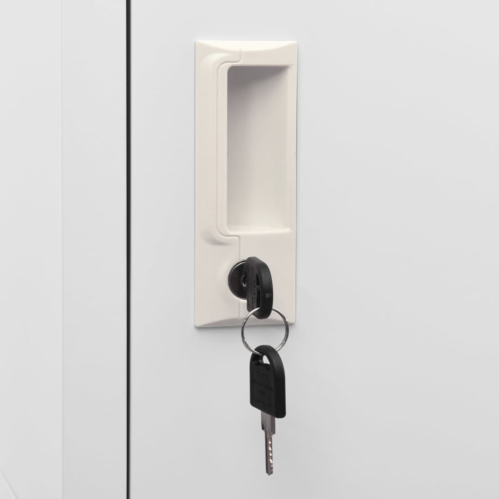 Locker cabinet door handle with keyhole and keys for secure storage of personal belongings.