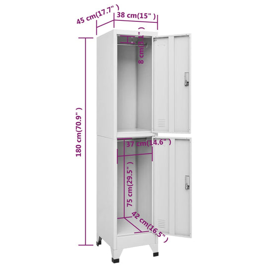 Locker cabinet 38x45x180 cm with 2 lockable compartments, dimensions marked for optimal use in changing rooms or for home decor.