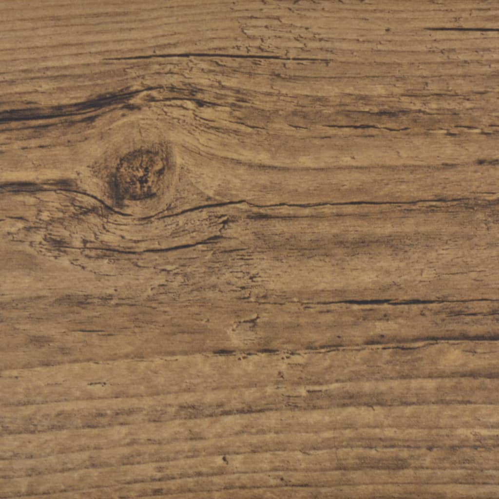 Close-up of walnut brown self-adhesive PVC flooring texture mimicking natural wood patterns. Ideal for home and outdoor furniture.