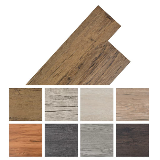 Self-adhesive PVC flooring planks in various wood patterns and colors, ideal for enhancing indoor and outdoor furniture aesthetics.