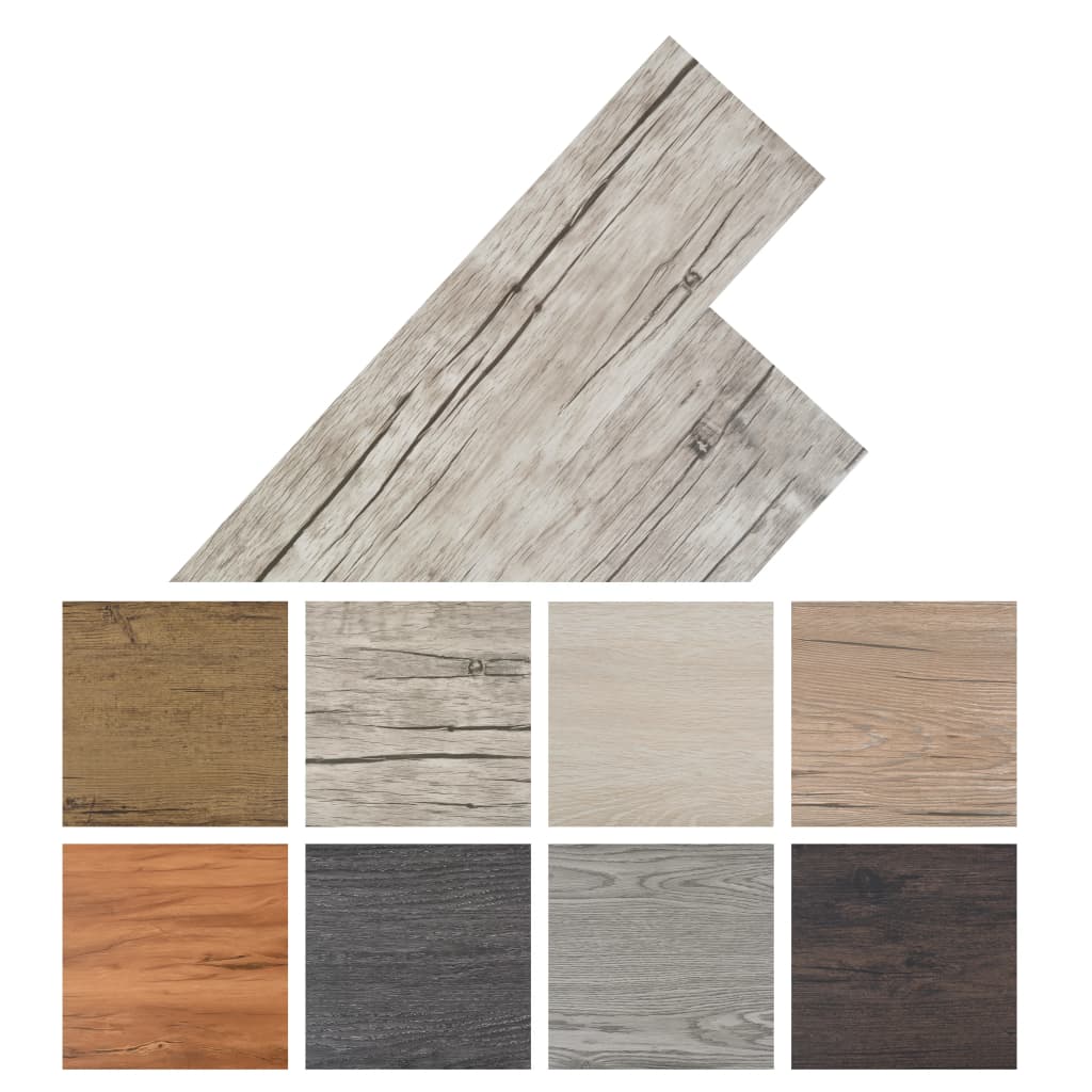 Self-adhesive PVC flooring planks in various colors and textures, including oak washed design, showcasing durability and style.