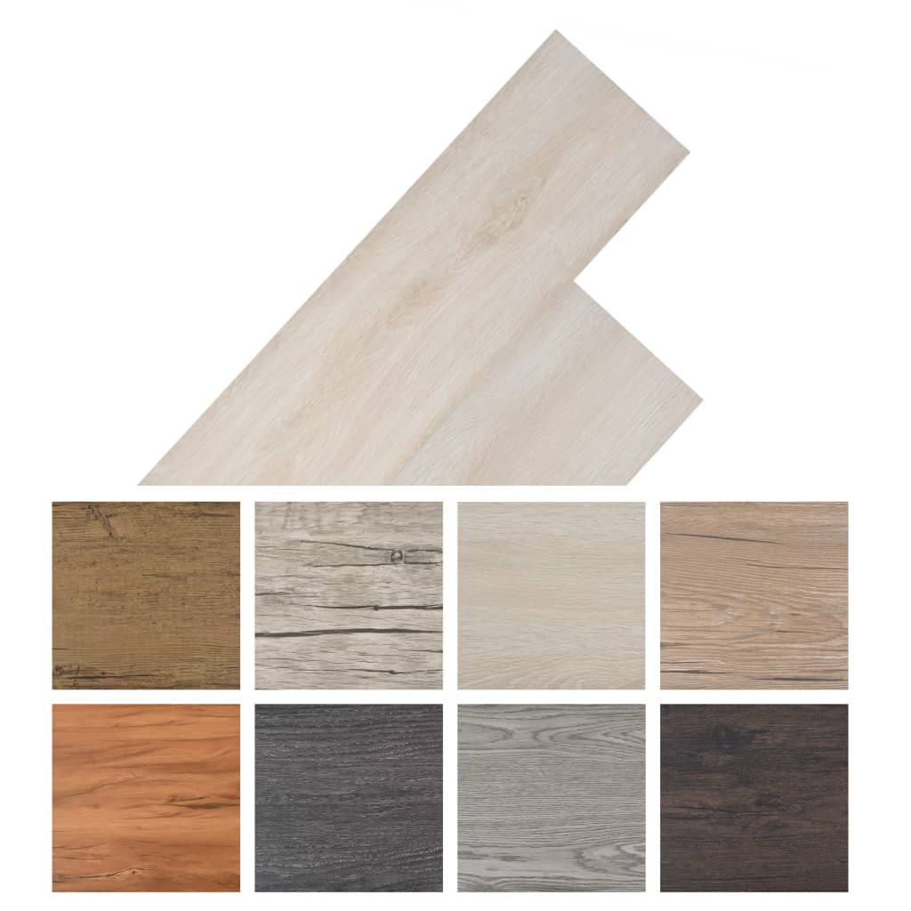 Self-adhesive PVC flooring planks in various wood textures and colors, including Oak Classic White, showcasing modern design options.