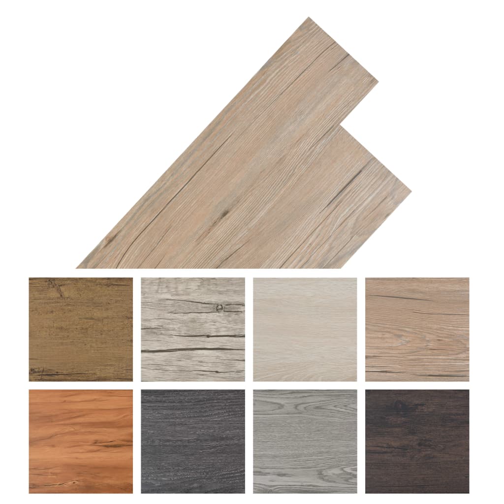 Self-adhesive PVC flooring planks in various wood-like colors, displaying textures and patterns mimicking natural wood.