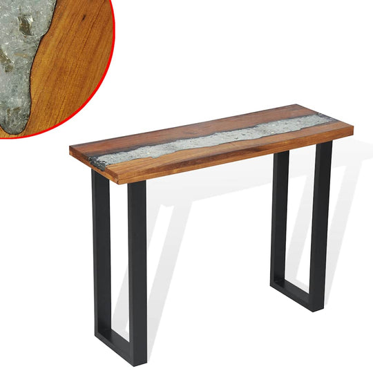 Console Table Teak 100x35x75 cm with solid teak top and resin inlay, featuring sturdy legs.
