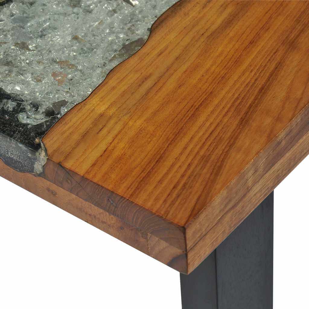 Close-up view of Console Table Teak 100x35x75 cm showcasing solid teak edge and decorative glass inlay.