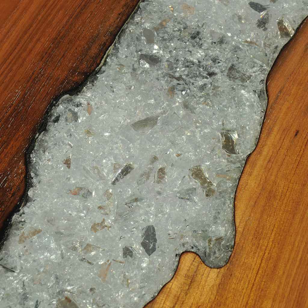 Close-up of decorative glass and resin inlay on Console Table Teak 100x35x75 cm, highlighting unique design features.