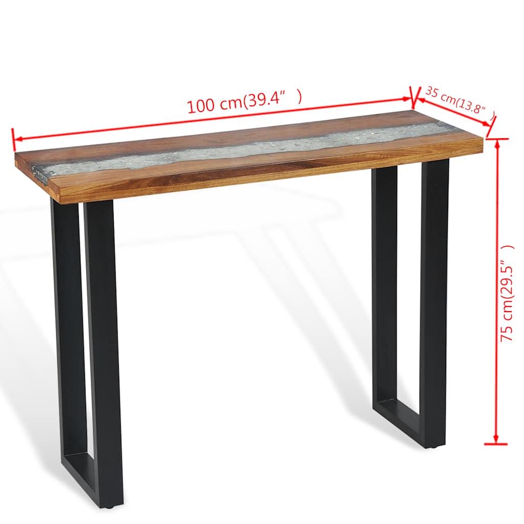 Console Table Teak 100x35x75 cm with industrial design and glass-resin inlay on stable surface.