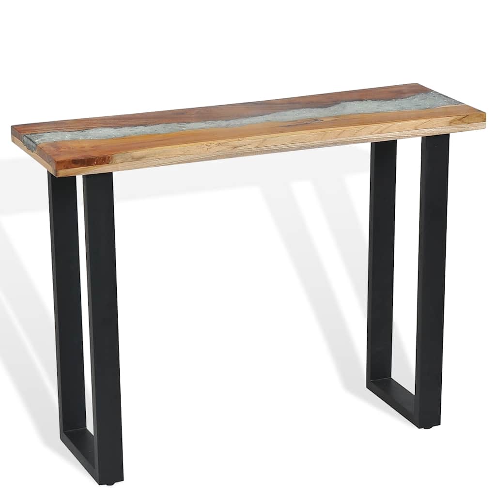 Console Table Teak 100x35x75 cm with stylish industrial design and decorative glass inlay.