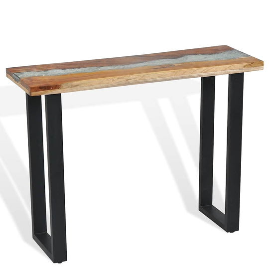 Console Table Teak 100x35x75 cm with stylish industrial design and decorative glass inlay.