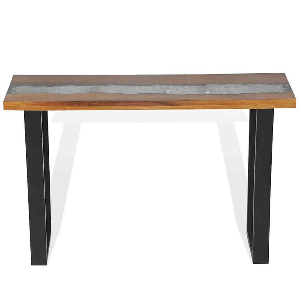 Console Table Teak 100x35x75 cm with industrial design and glass inlay, featuring solid teak and sturdy legs.