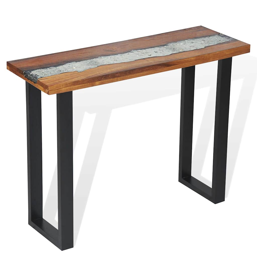 Console Table Teak 100x35x75 cm with decorative glass and resin inlay, industrial design, sturdy mahogany legs.