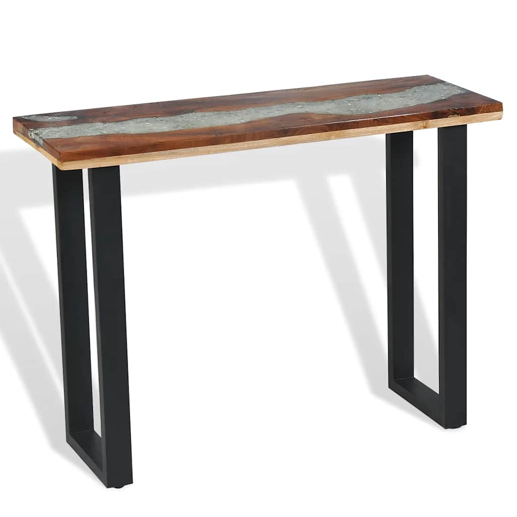 Console Table Teak 100x35x75 cm with industrial design, featuring a solid teak top and decorative glass inlay.