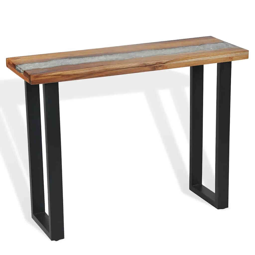 Console Table Teak 100x35x75 cm with industrial design, solid teak top and striking glass resin inlay.