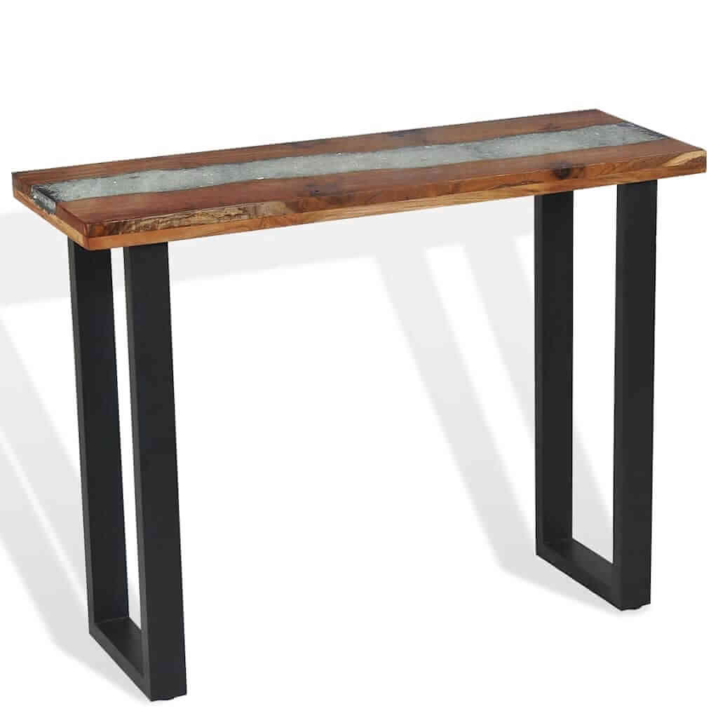 Console Table Teak 100x35x75 cm with solid teak top and decorative glass inlay.