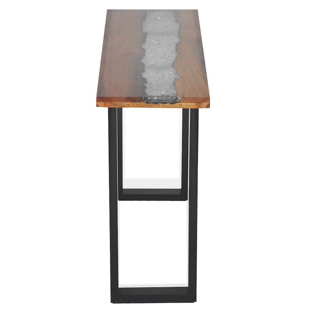Console Table Teak 100x35x75 cm with decorative glass and resin inlay, featuring black metal legs.
