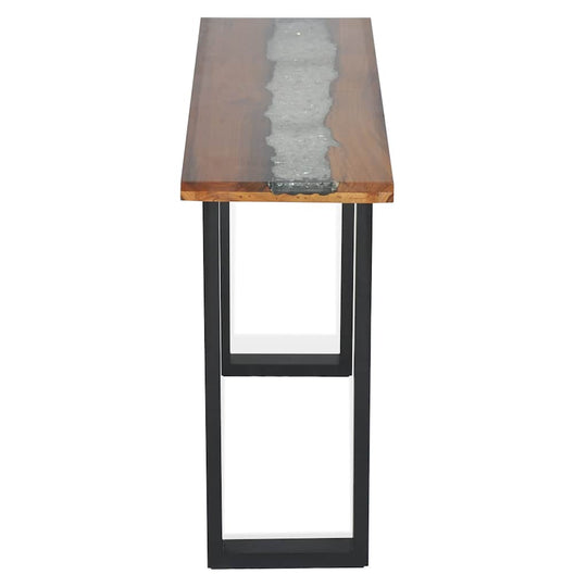 Console Table Teak 100x35x75 cm with decorative glass and resin inlay, featuring black metal legs.