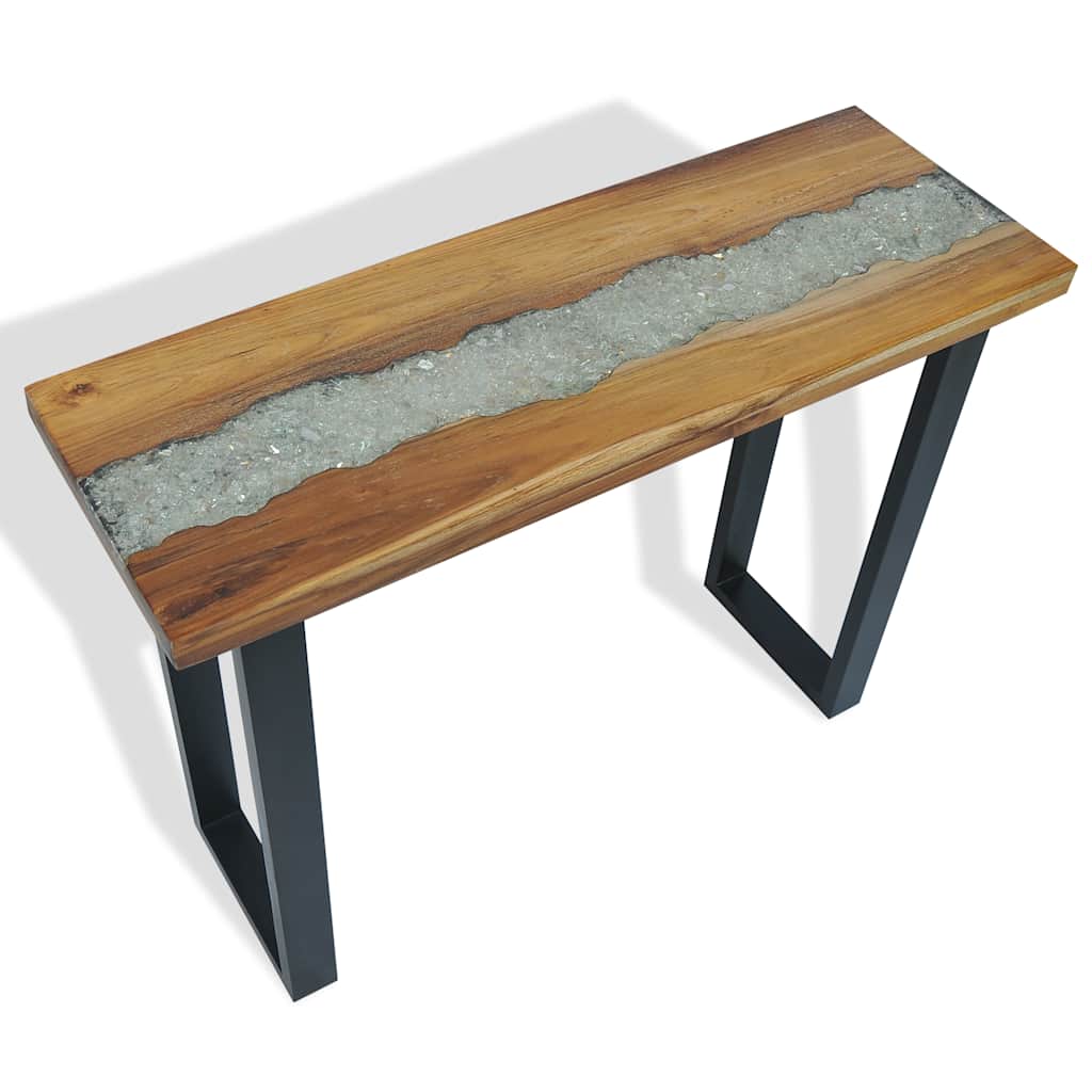 Console Table Teak 100x35x75 cm with glass and resin inlay, featuring sturdy black legs.