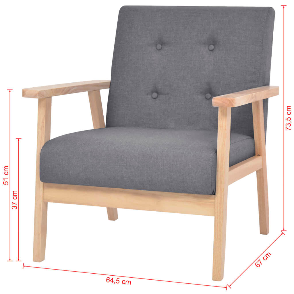 Dark grey fabric armchair with wooden frame, perfect for lounge, reading, or relaxing, dimensions: 64.5x67x73.5 cm.