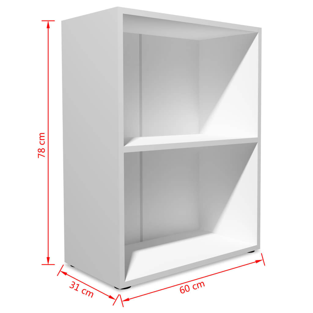 White engineered wood bookshelf measuring 60x31x78 cm, featuring two shelves for versatile storage solutions.