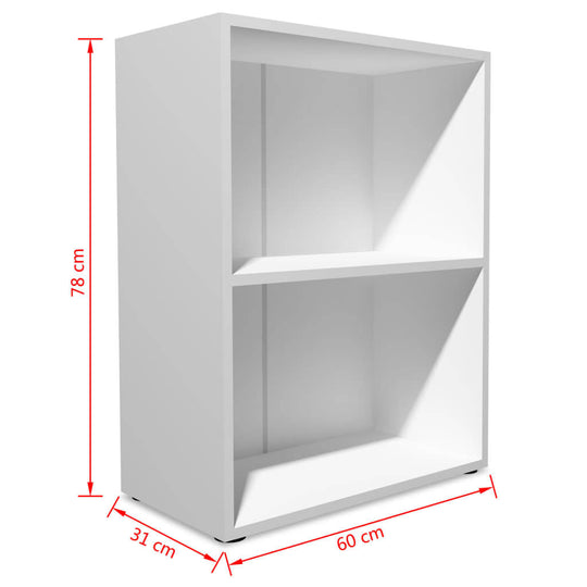 White engineered wood bookshelf measuring 60x31x78 cm, featuring two shelves for versatile storage solutions.