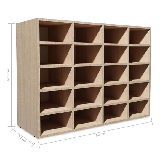 Shoe rack in engineered wood, 92x30x67.5 cm, featuring 20 compartments for organized shoe storage in oak finish.