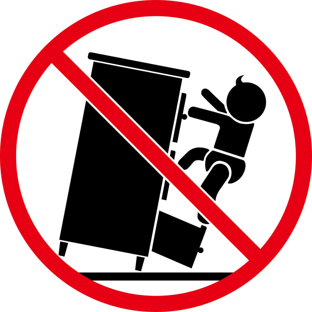 Warning symbol against child climbing on furniture for safety.