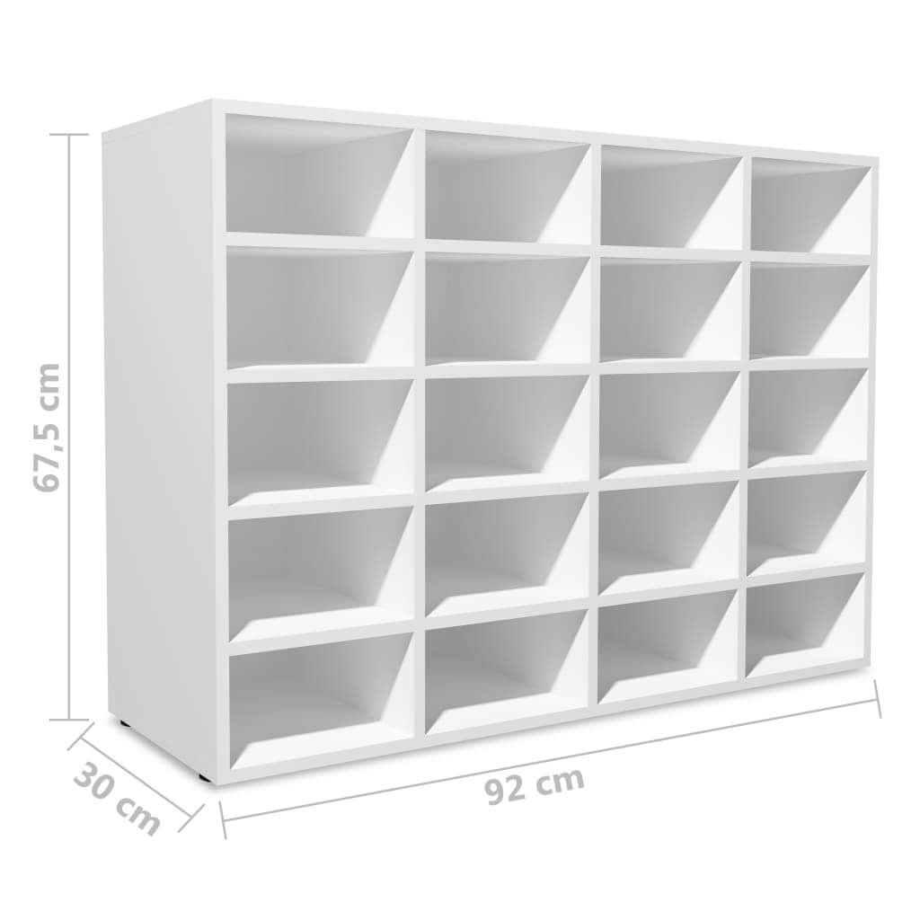 White shoe rack with 20 compartments, dimensions 92x30x67.5 cm, perfect for organizing shoes in any living space.