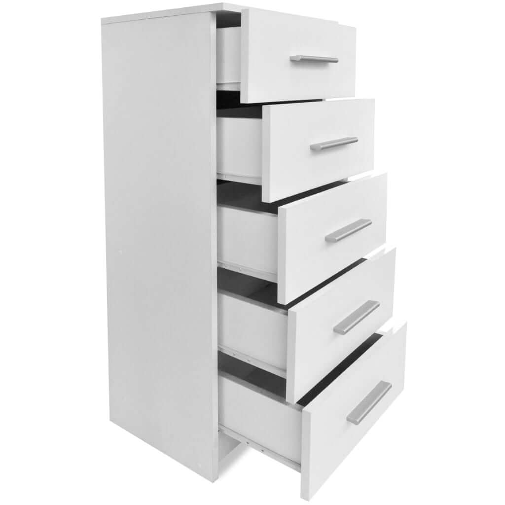 Tall chest of drawers in matte white finish with five drawers, perfect for storage solutions in modern home decor.