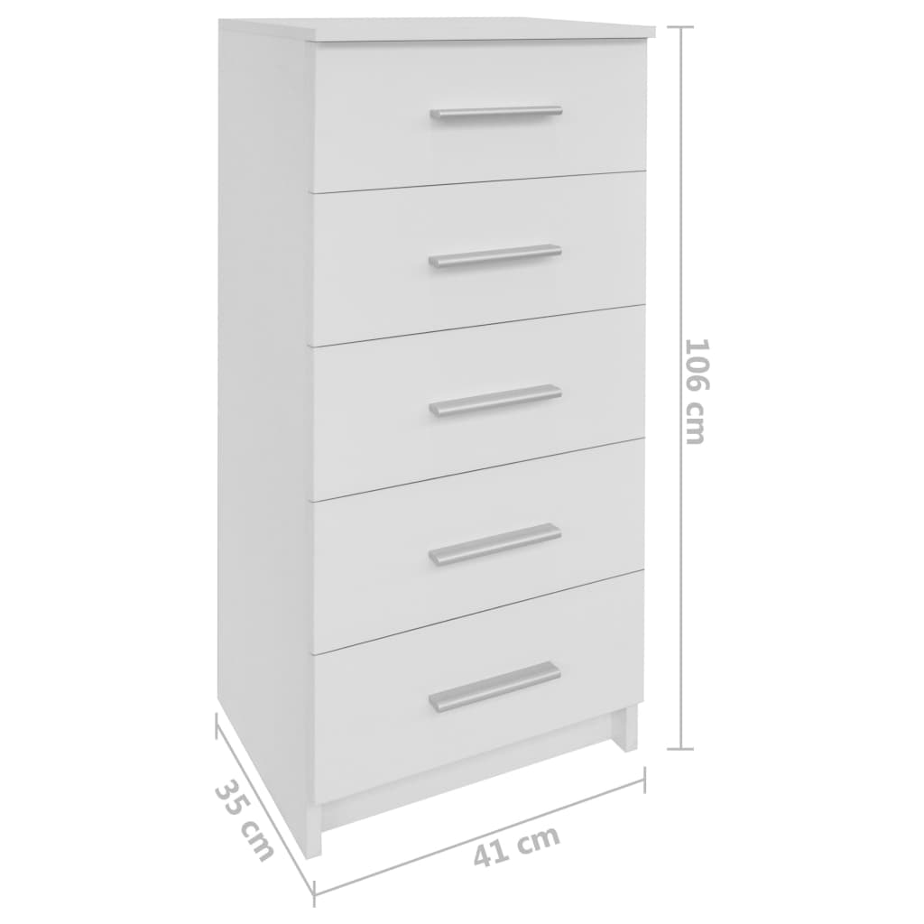 Tall white chest of drawers made of engineered wood, featuring 5 storage drawers, dimensions 41x35x106 cm, elegant design.