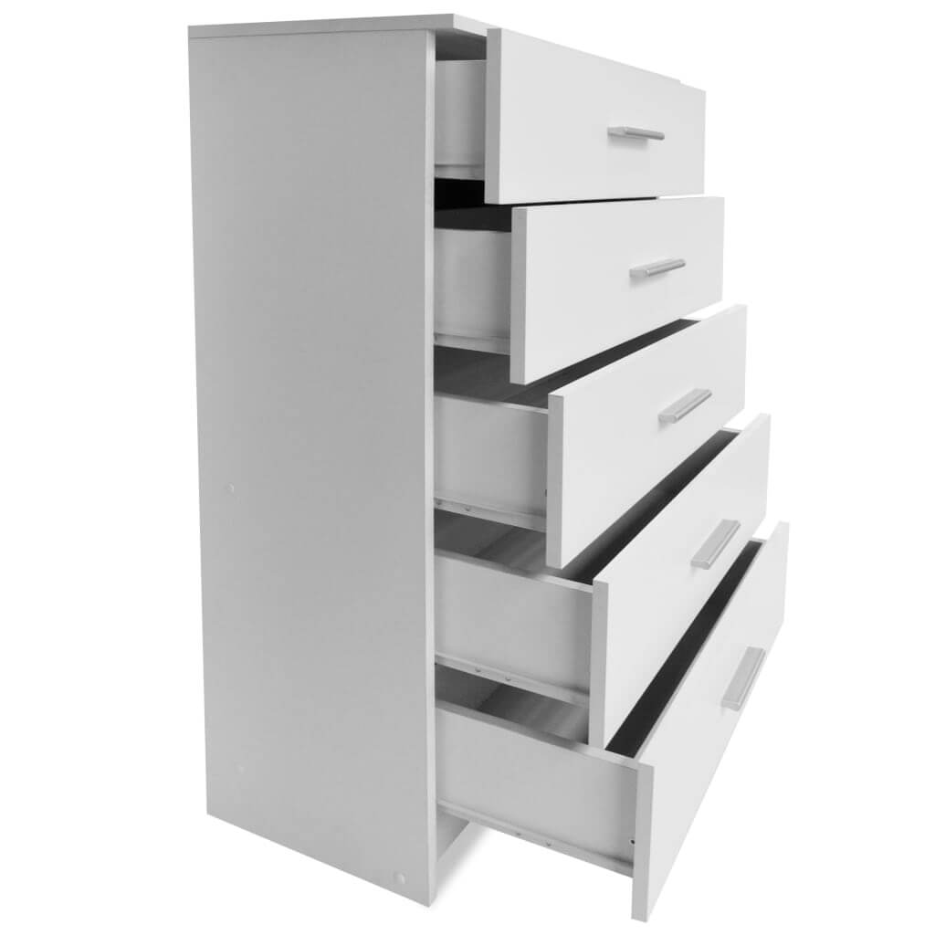 White storage cabinet with five drawers, ideal for organizing furniture and maximizing space in your room or outdoor areas.