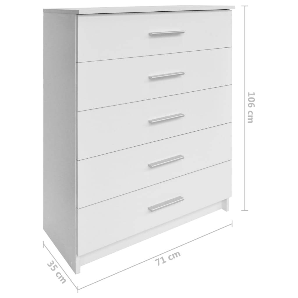 White engineered wood storage cabinet with 5 drawers, dimensions 71x35x106 cm, ideal for organizing furniture and outdoor space.