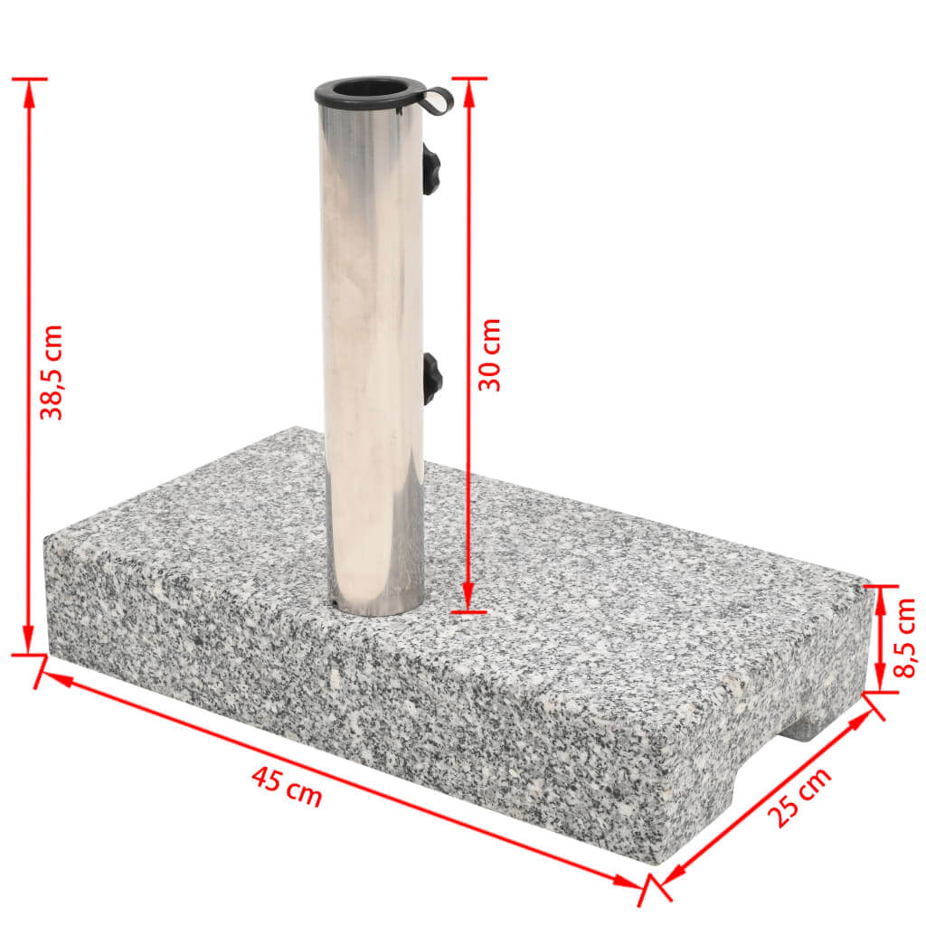 Rectangular granite parasol base, 25 kg, measuring 45x25 cm, providing stability for outdoor furniture and umbrellas.