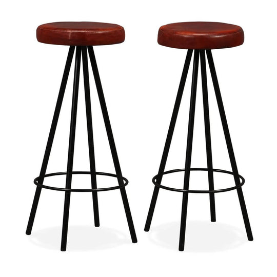 Brown leather bar stools with black steel legs, perfect for patio or home furniture, adding an industrial touch to outdoor spaces.