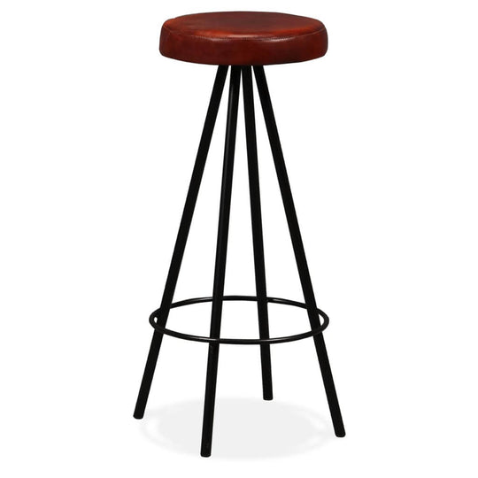 Industrial design bar stool with brown leather seat and black steel legs, perfect for home or outdoor patio furniture setting.