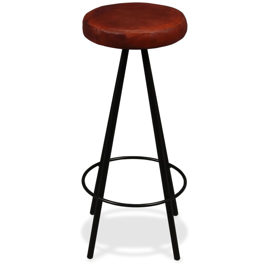 Brown leather bar stool with black steel legs, ideal for home, patio, or garden seating in industrial design.