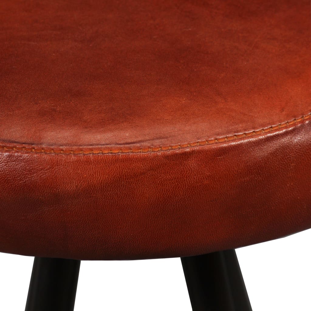 Close-up of brown real leather bar stool seat with black steel legs, ideal for patio and home furniture settings.