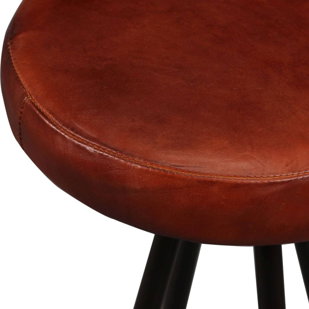 Brown genuine leather bar stool seat with industrial design and black steel legs, ideal for outdoor patio and garden furniture settings.