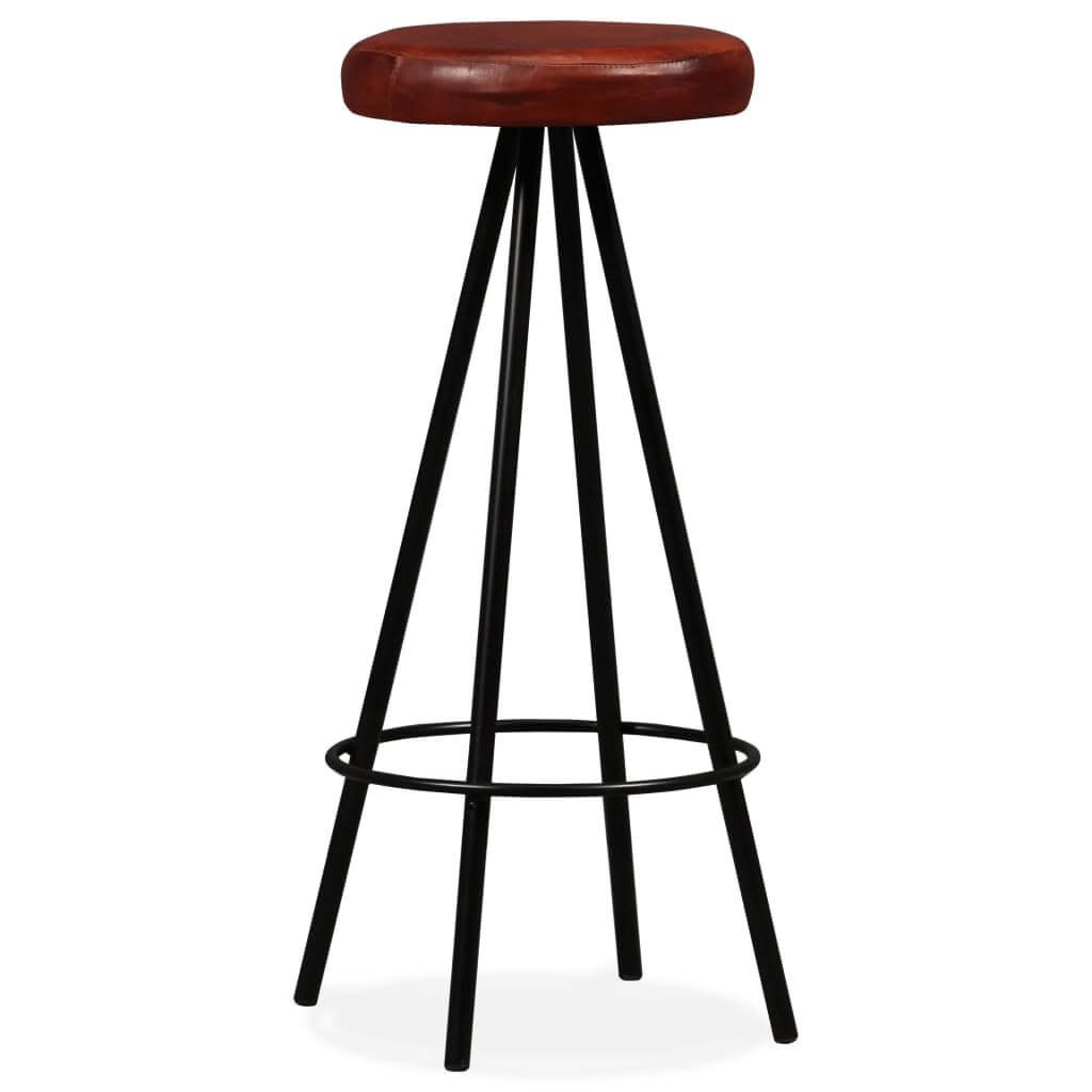 Brown leather bar stool with steel legs, ideal for outdoor patio or home furniture, adds industrial charm to any space.