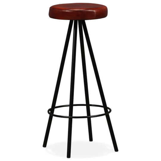 Bar stool with brown leather seat and black steel legs, perfect for outdoor furniture and patio settings.