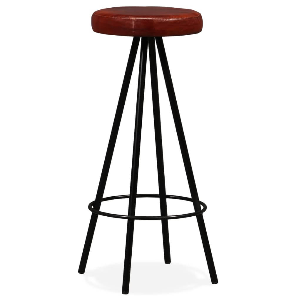 Brown leather bar stool with industrial steel legs for home and garden furniture, ideal for outdoor patio and garden settings.