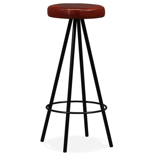 Brown leather bar stool with industrial steel legs for home and garden furniture, ideal for outdoor patio and garden settings.